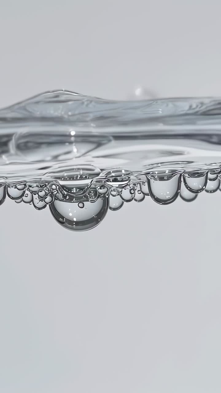 Video verticale: bolle chiare oscillanti che si spostano dall'increspatura lungo la superficie dell'acqua, sfondo grigio