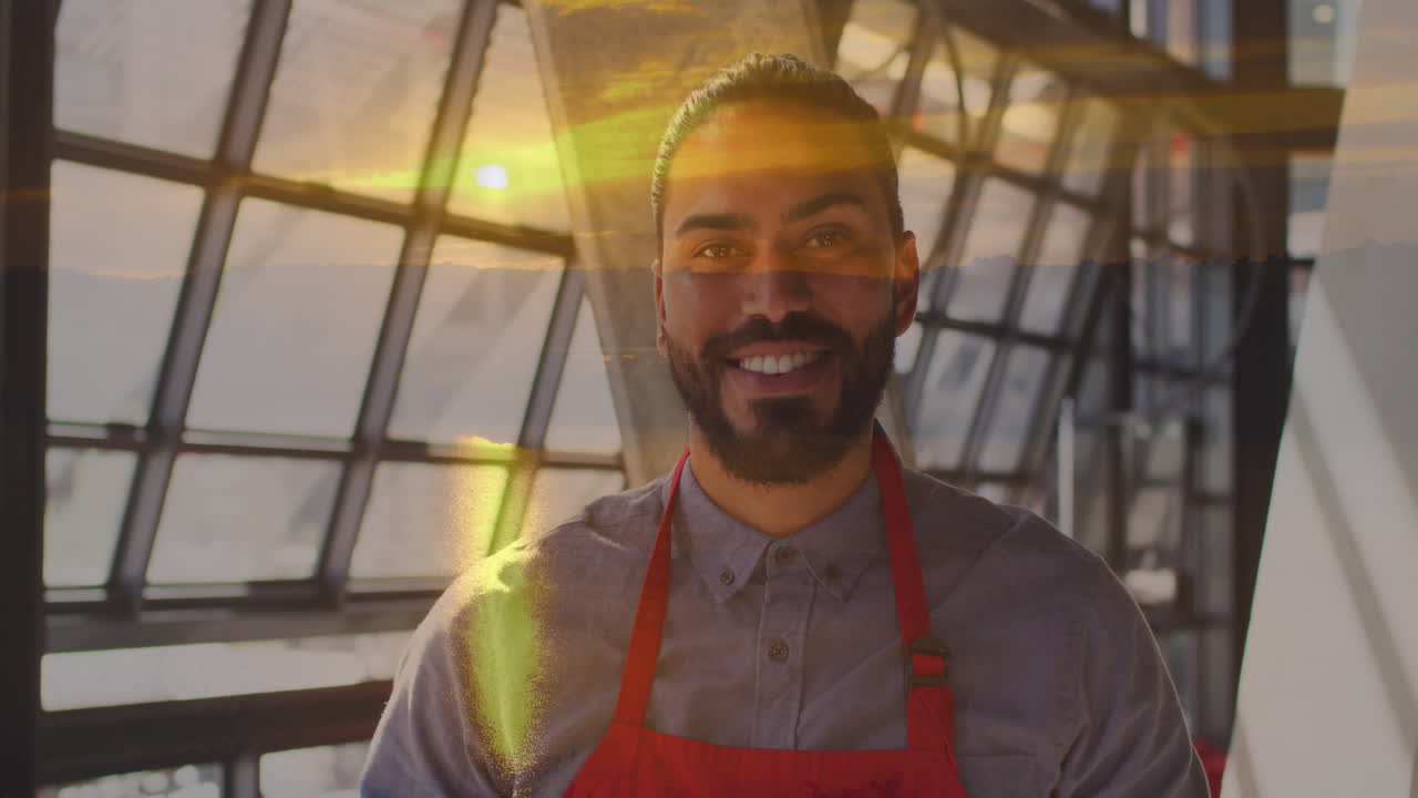 animação de paisagem sobre barista masculino biracial.