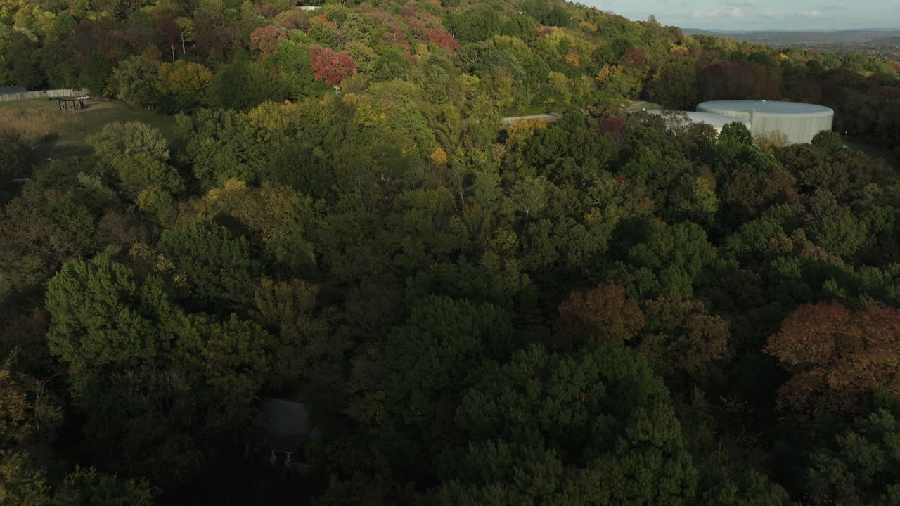 산업 저장 실린더와 함께 산에 가을 숲
