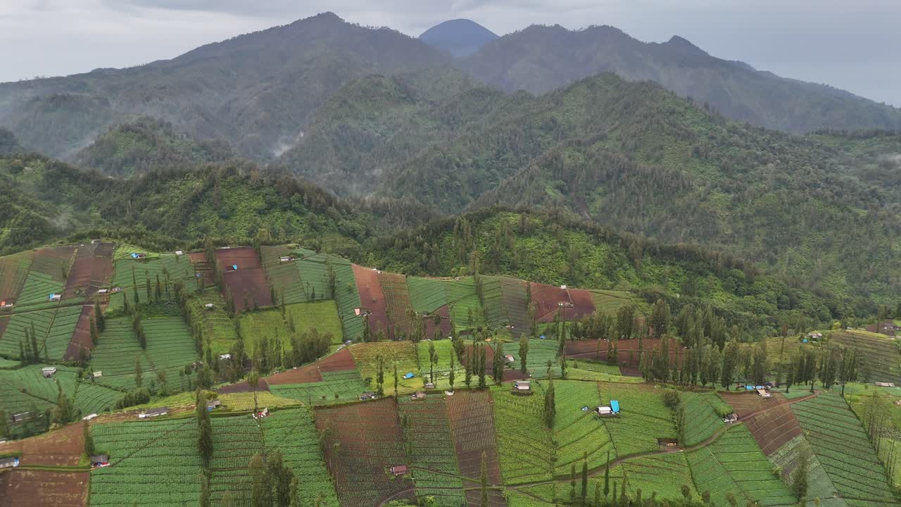 Aerial drone view of rural hills mountains countryside in east java indonesia