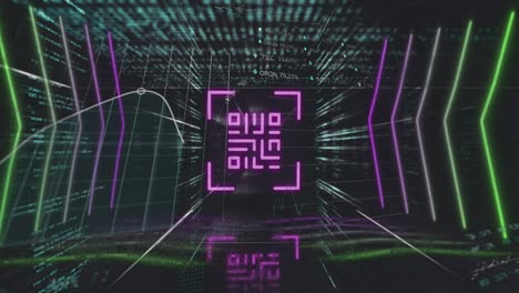 Animation-of-pink-qr-code,-neon-lights-and-data-processing-on-black-background