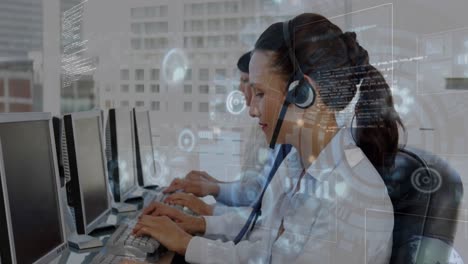 animation of data processing over caucasian woman wearing phone headset using computer at office