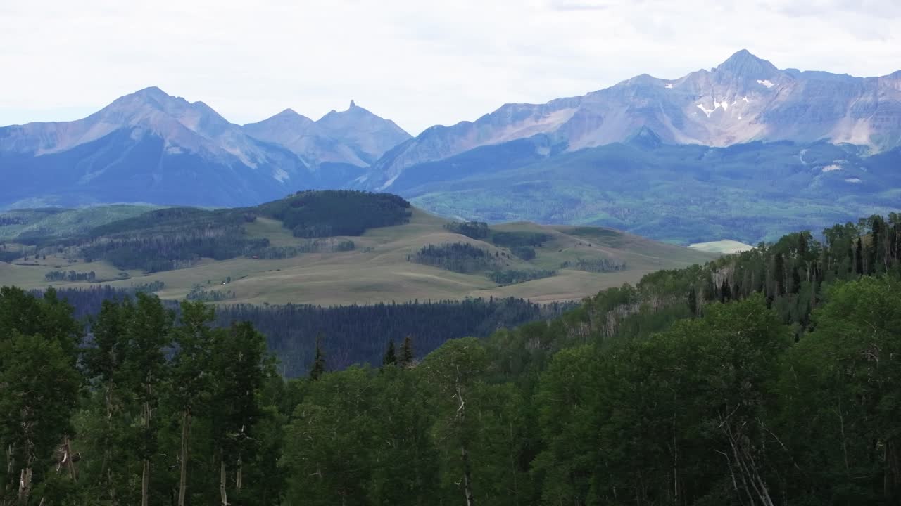 Summer Last Dollar Road Ridgeway Telluride airport Colorado aerial drone Uncompahgre Forest Mount Sneffels Wilderness Aspen Trees grove vista ranch and San Juan Rocky Mountains Dallas Range right