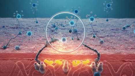 exploring molecular interactions: a detailed visualization of cellular processes through magnified close-up views of skin tissues and active molecular dynamics