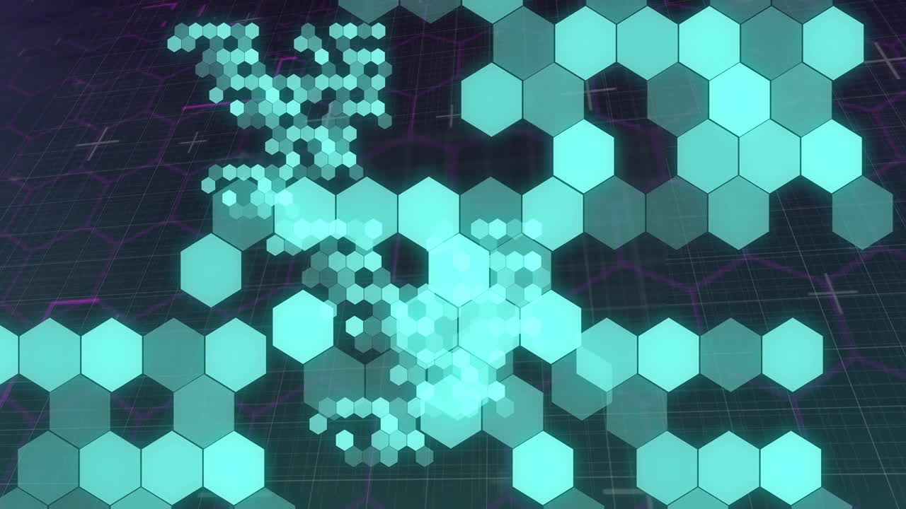 cuadrícula hexagonal y animación de visualización de datos sobre fondo oscuro