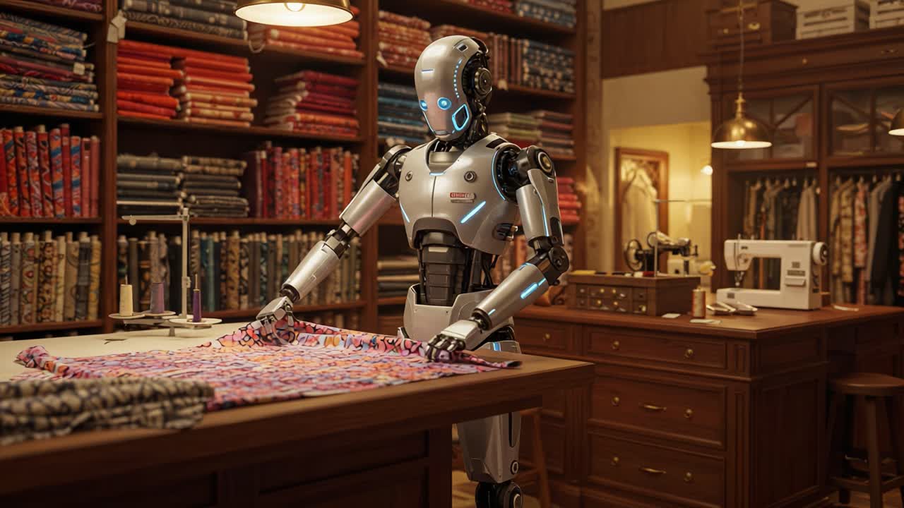 A Futuristic Robot Tailor Skillfully Working in a Fabric Store, Surrounded by Vibrant Textiles and Sewing Machines in a Cozy, Workshop Atmosphere