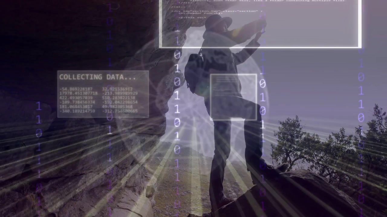 Male hiker stepping onto boulder and raising device, activating digital overlays for tech analysis