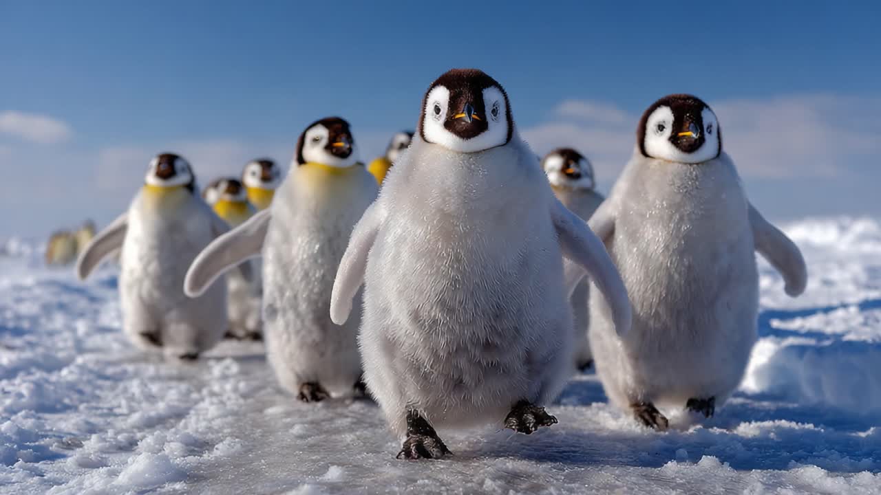 A charming procession of adorable emperor penguin chicks waddling across the icy landscape, showcasing their fluffy coats and charming expressions on a sunny day