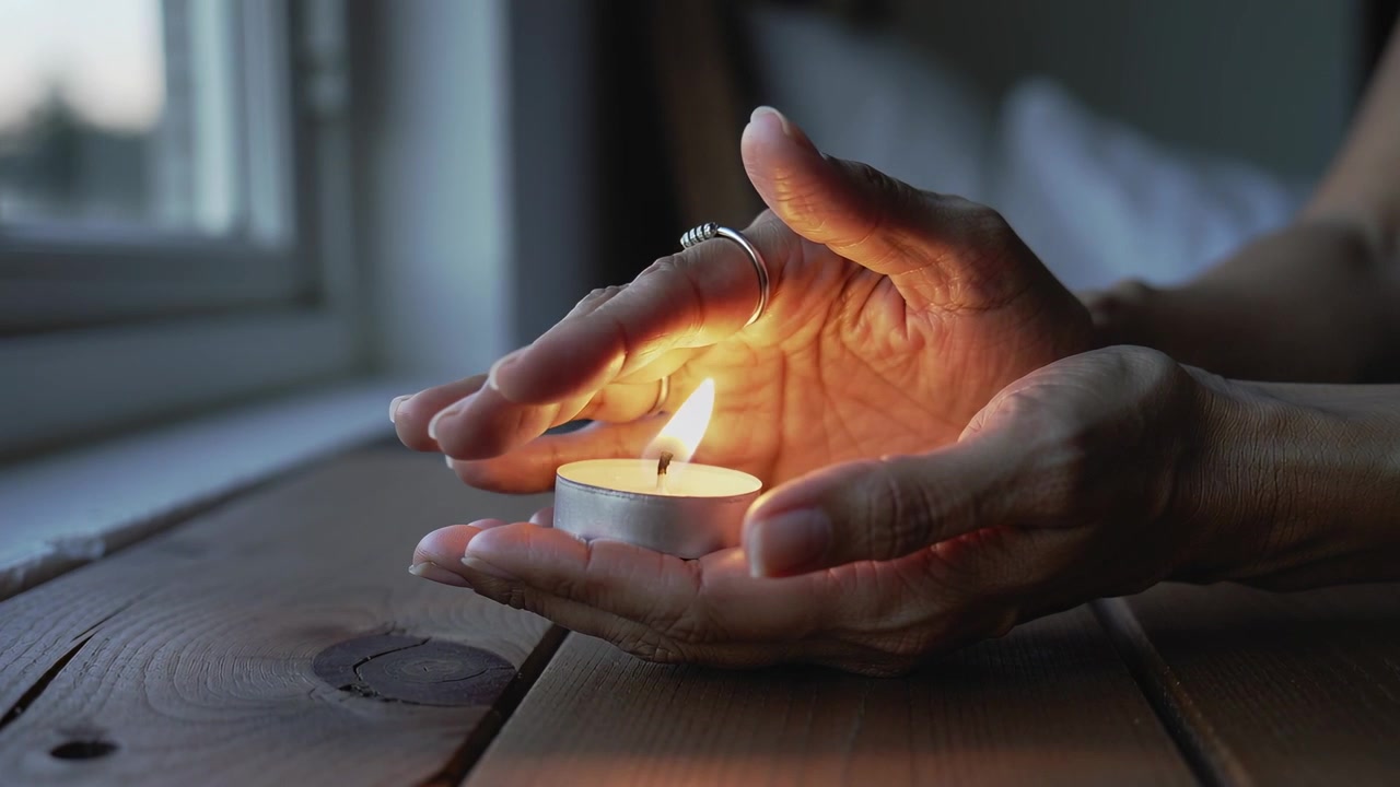 Shielding adult hands cupping lit tealight on wooden tabletop by window against drafts, with rings