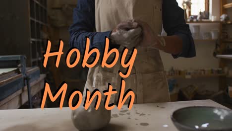 animation of hobby month text over african american woman forming pottery