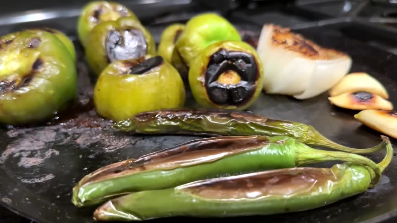 쟁반에 구운 피망, 토마토, 양파를 가까이서 볼 수 있습니다.