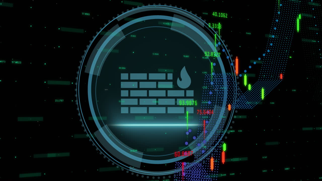 animación del icono del muro contra incendios y procesamiento de datos sobre fondo negro