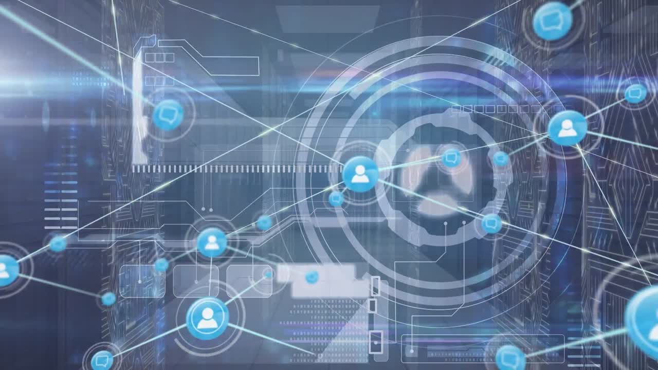 서버  ⁇ 과 데이터 처리에 대한 아이콘으로 연결 네트워크의 애니메이션