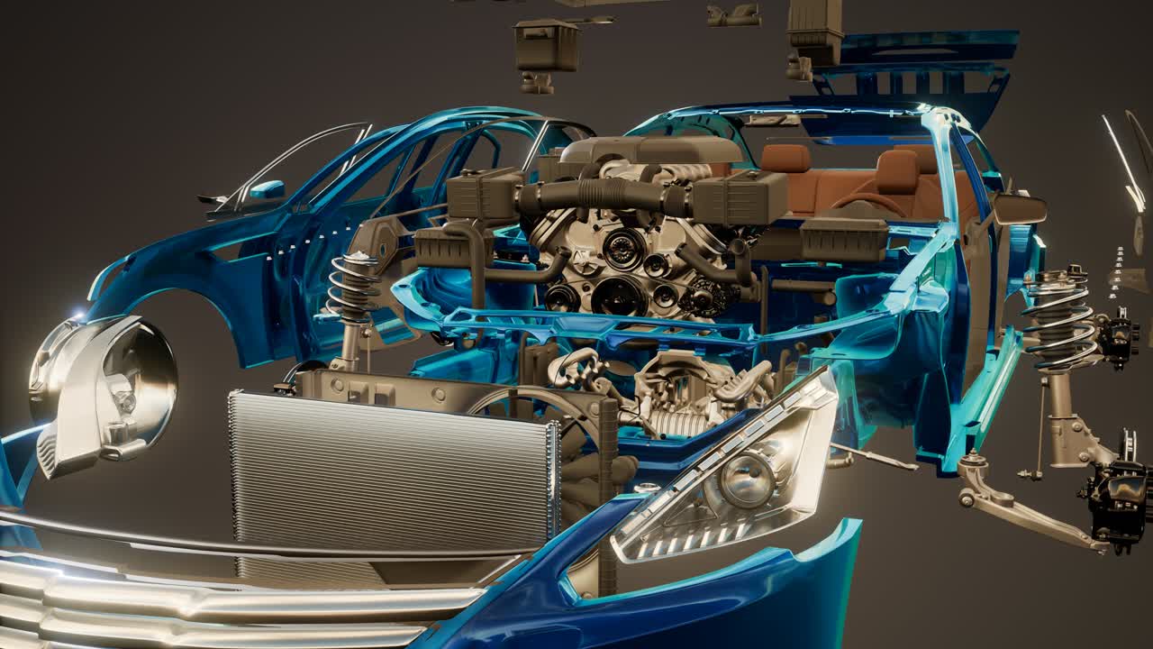 눈에 띄는 부분이 있는 분해된 자동차