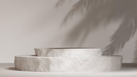 podium 3d para presentación de envases y cosméticos. escena de producto con soporte de roca y un movimiento de sombra de palma ligero. pedestal realista natural. animación de bucle.
