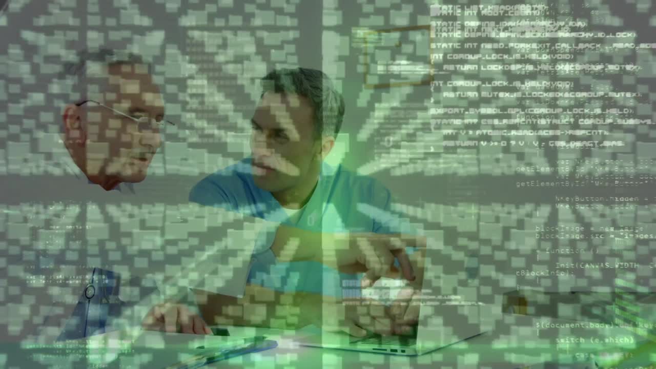 노트북을 사용하는 백인 고위 남성 의사와 남성 의료 종사자에 대한 여러 폴더 아이콘