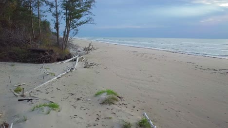 Beautiful-aerial-establishing-view-of-Baltic-sea-coast-on-a-sunny-evening,-sunset,-golden-hour,-beach-with-white-sand,-coastal-erosion,-climate-changes,-low-wide-angle-drone-shot-moving-forward