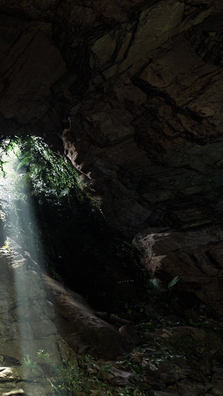 Luce che filtra attraverso l'apertura di una grotta con piante che crescono