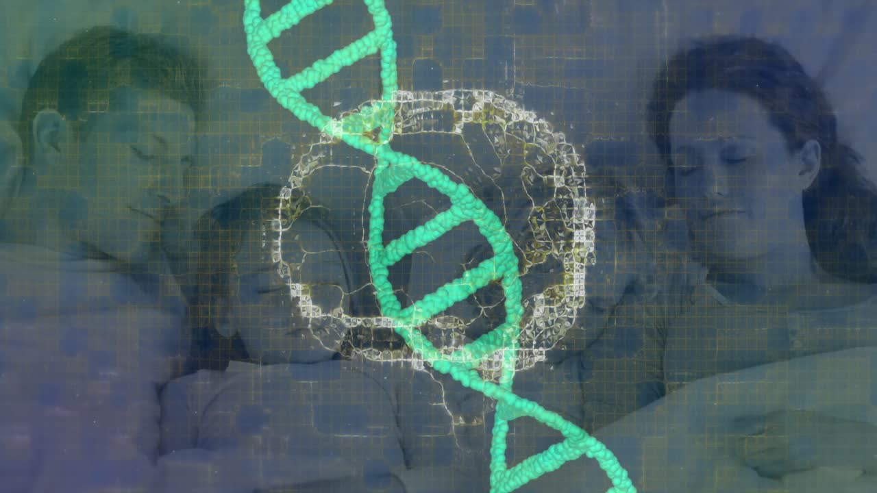 animación de cerebro humano y cadena de adn girando sobre padres con hijos durmiendo en la cama