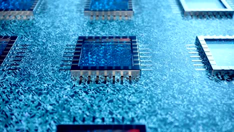 ai concepto de cpu de inteligencia artificial. aprendizaje automático. cpus en el tablero con pistas parpadeantes. animación en bucle. concepto científico de fondo en luz azul. animación 3d