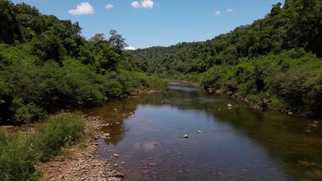 drone filmado volando bajo sobre un pequeño río en la selva tropical de misiones, argentina