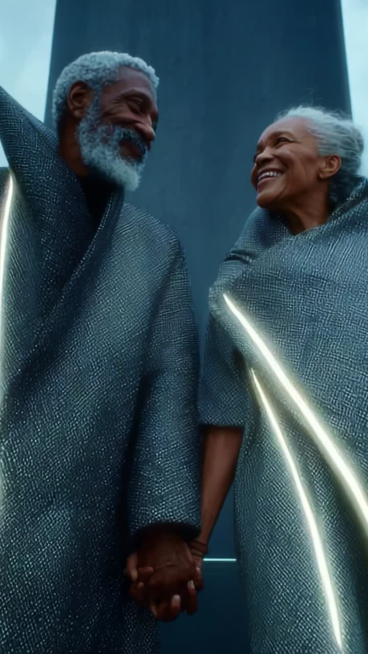 Due persone anziane condividono un momento di gioia, tenendosi per mano con un sorriso radioso, a simboleggiare amore, connessione e calore in un ambiente futuristico di tessuti luminosi