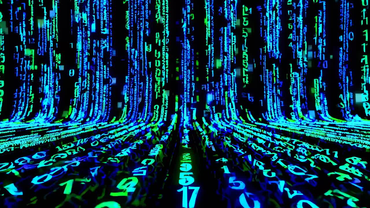 A digital matrix of glowing green and blue numbers flows vertically