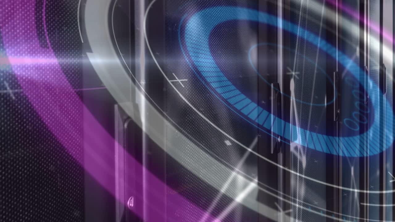 Futuristic metallic dial rotating with blue ring and magenta arc sweeping across dark mesh panel