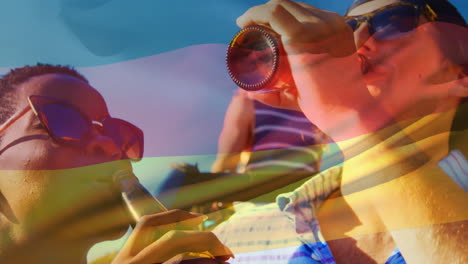 Composite-video-of-waving-germany-flag-over-group-of-diverse-friends-toasting-beers-outdoors