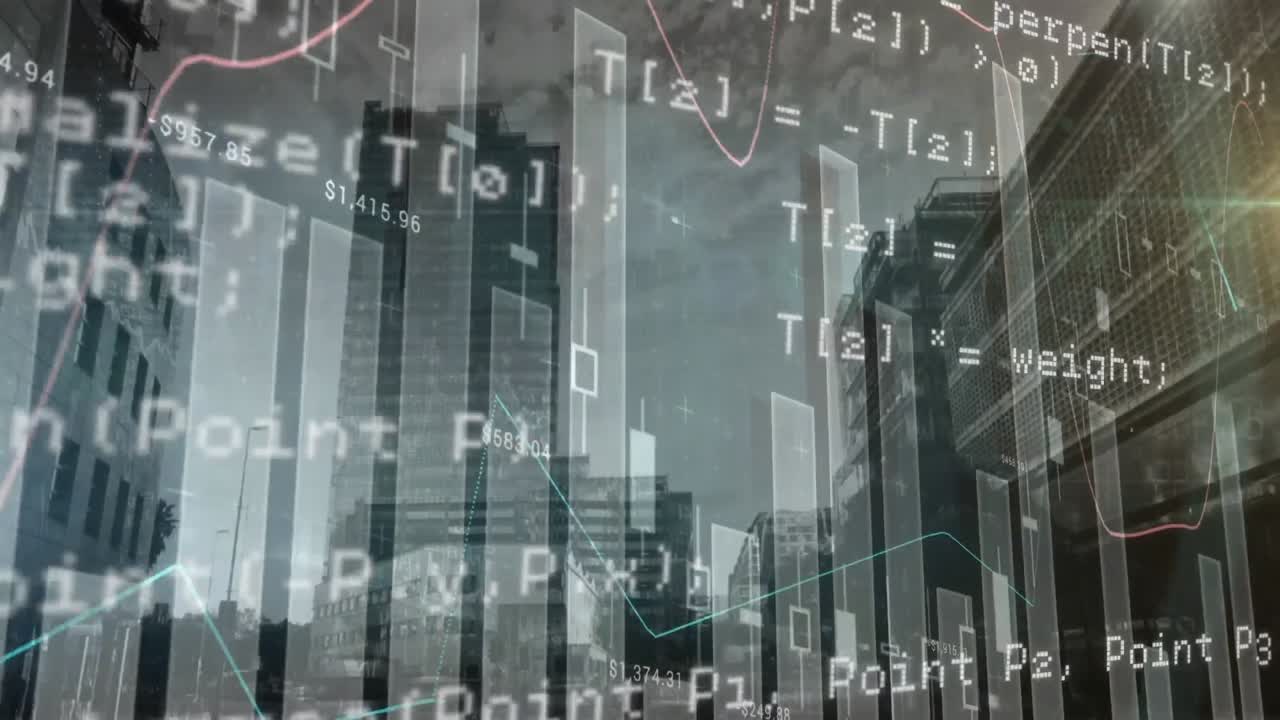 Animazione di registrazione di statistiche ed elaborazione dei dati su paesaggio urbano