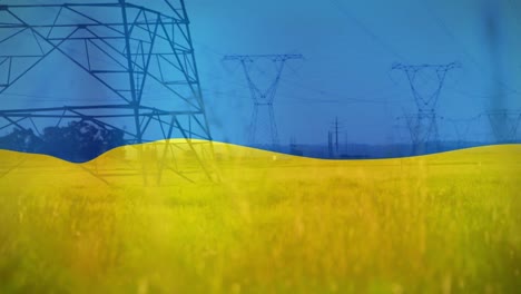 Animation-Der-Flagge-Der-Ukraine-über-Feld--Und-Strommasten