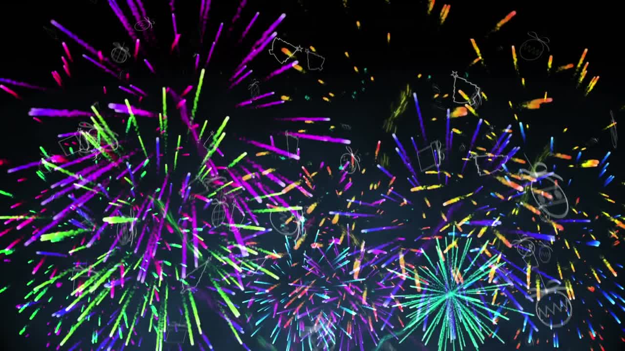 múltiples iconos de concepto de navidad cayendo y fuegos artificiales explotando contra un fondo azul