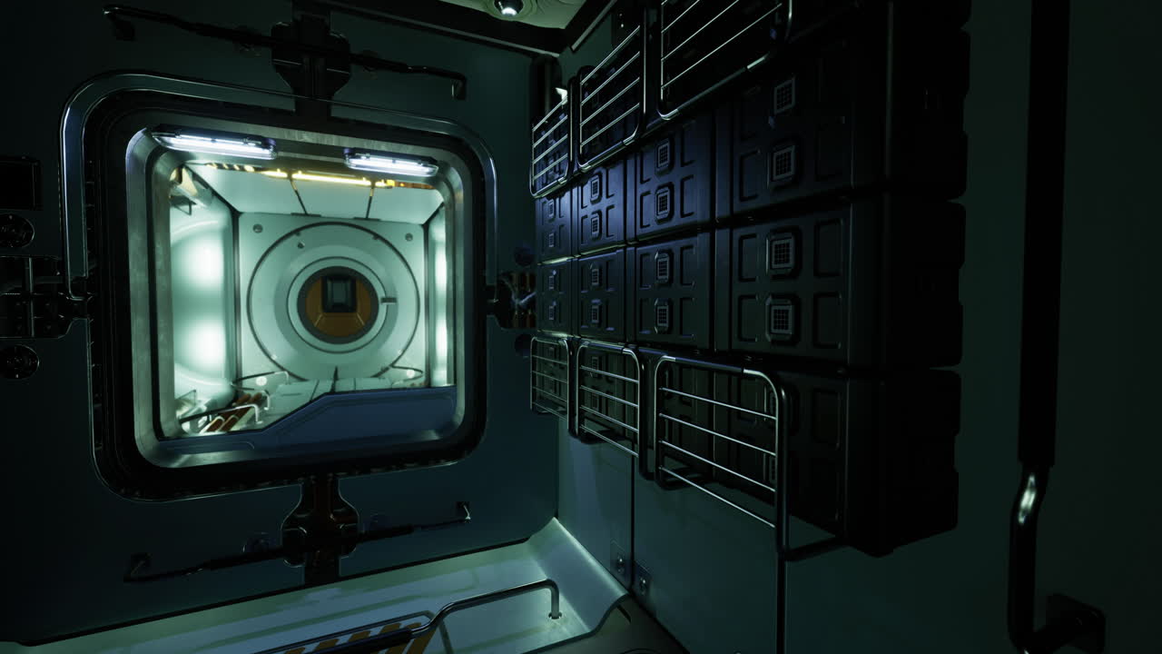 Interior of a space module with storage and viewing portal at night