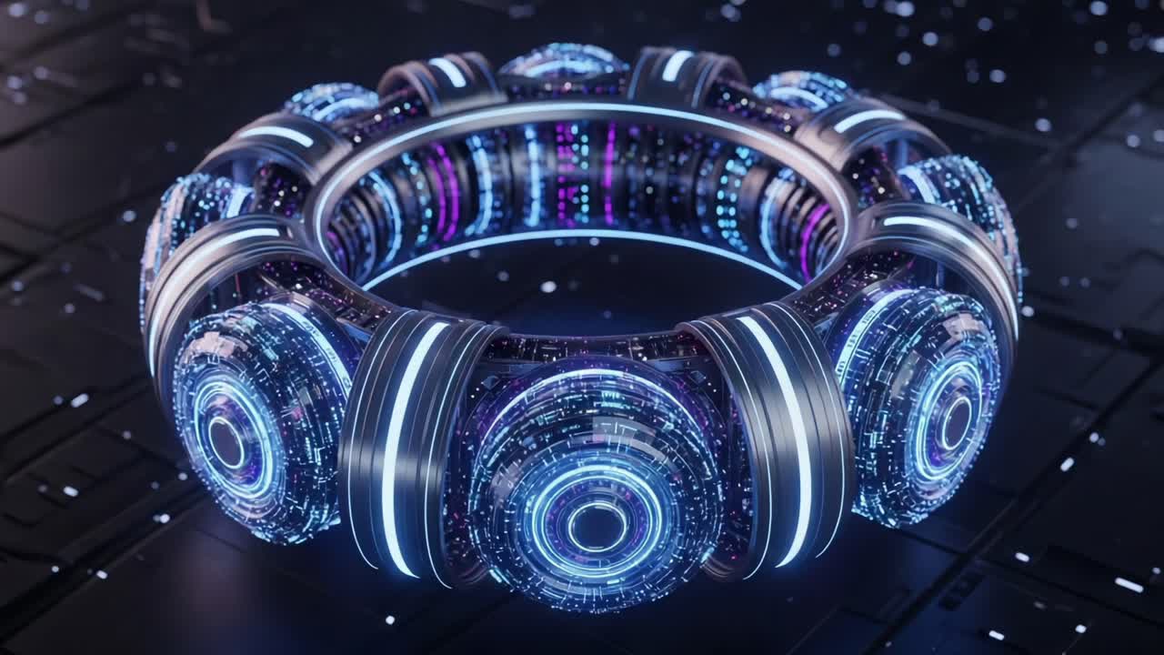 Stunning Visuals of a Futuristic Energy Core: This Animated Circular Structure Showcases Brilliant Blue and Purple Lights in a High-Tech Environment