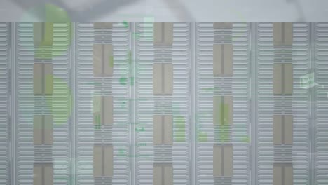 animation of statistics processing over cardboard boxes on conveyor belts in background