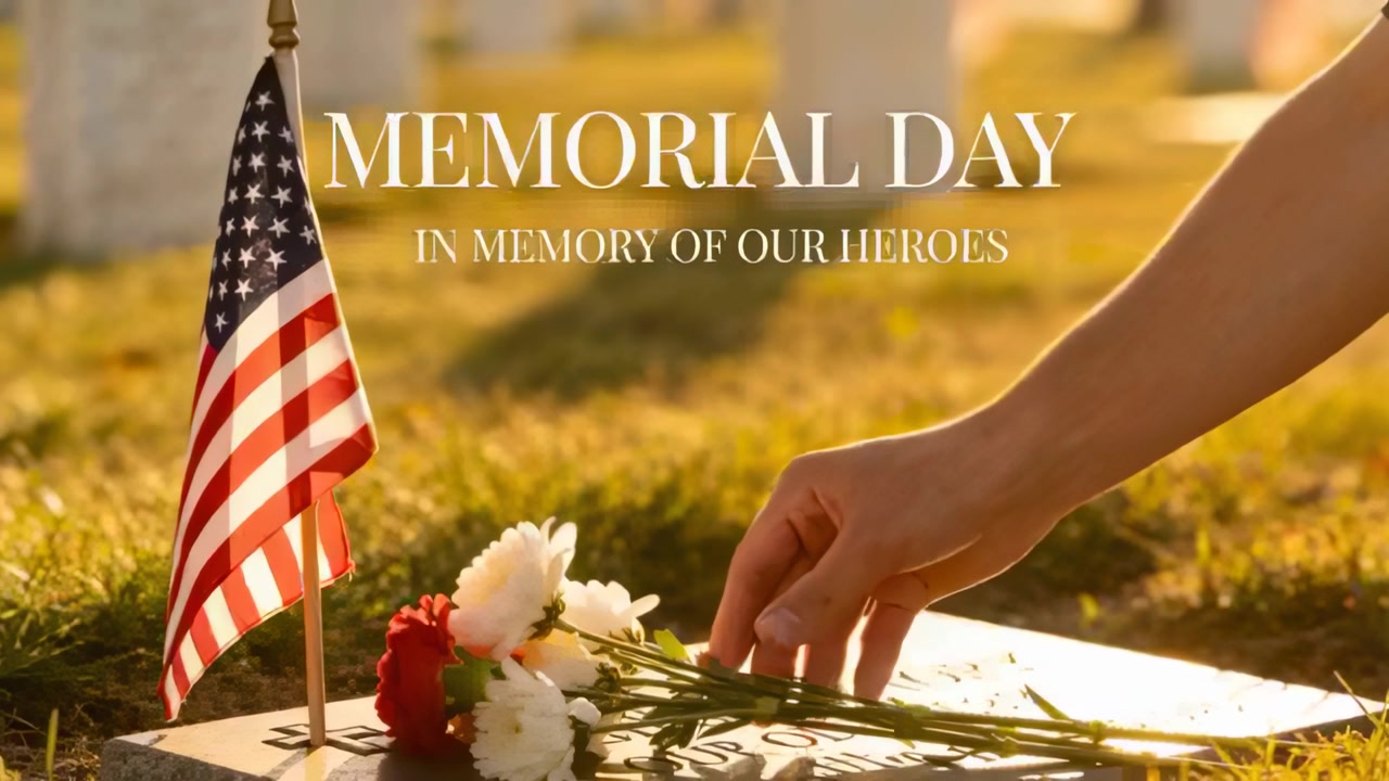 Reaching bare arm placing red-white bouquet on grave marker US flag and MEMORIAL-DAY text in memory