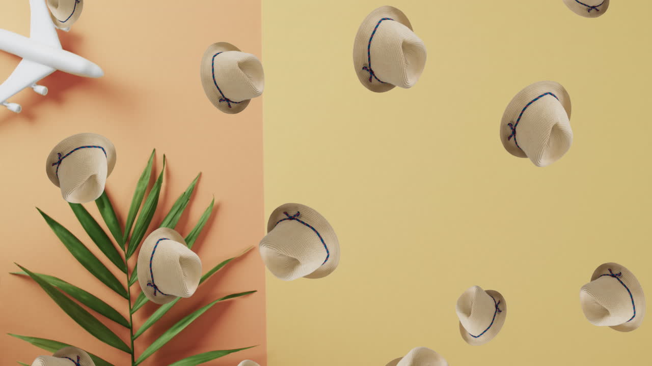 animación de sombreros de sol cayendo sobre el modelo de avión sobre fondo amarillo.