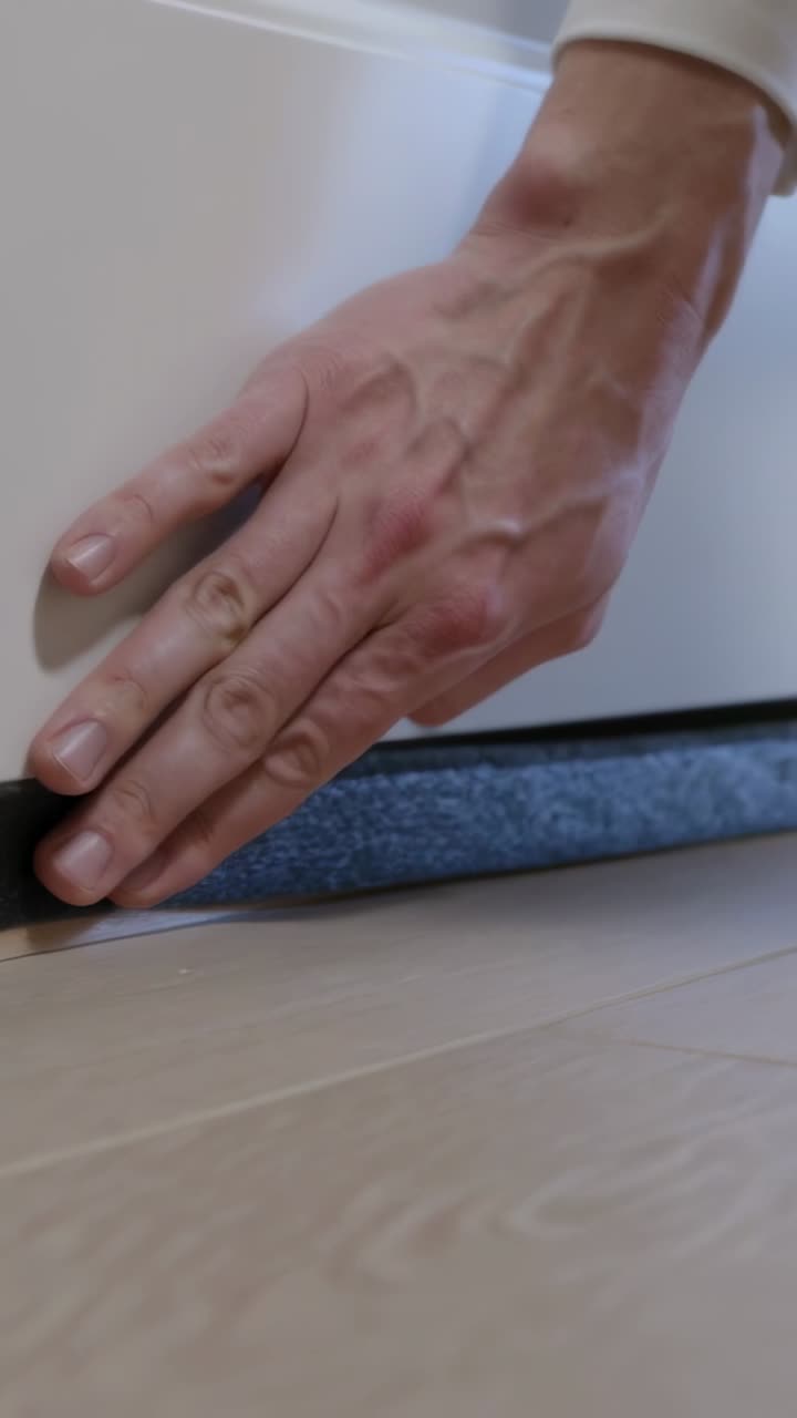 Vertical video: Reaching right hand and forearm smoothing foam strip at home door base, sealing gap