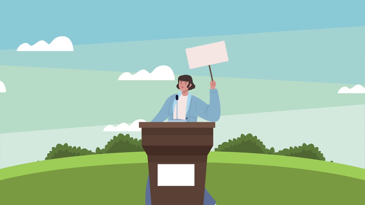 여성이 연설하는 선거일 애니메이션 포디움 풍경 장면