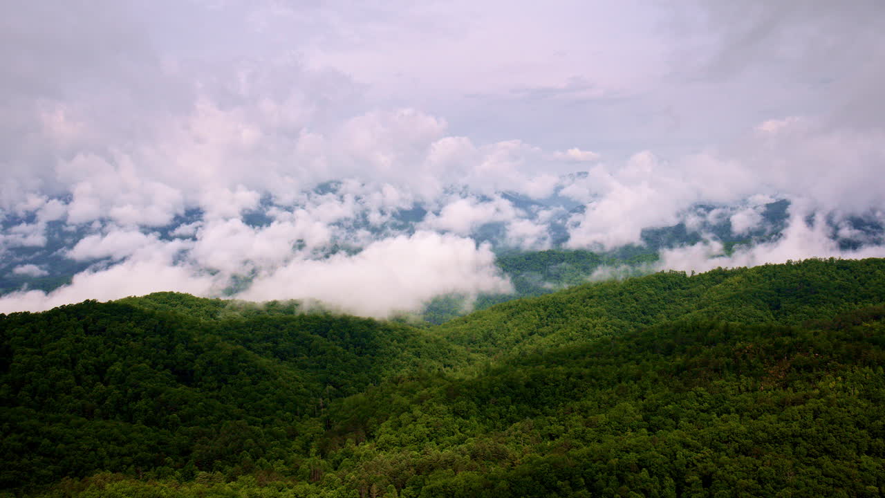 Drone shot capturing the moody Smoky Mountains landscape.