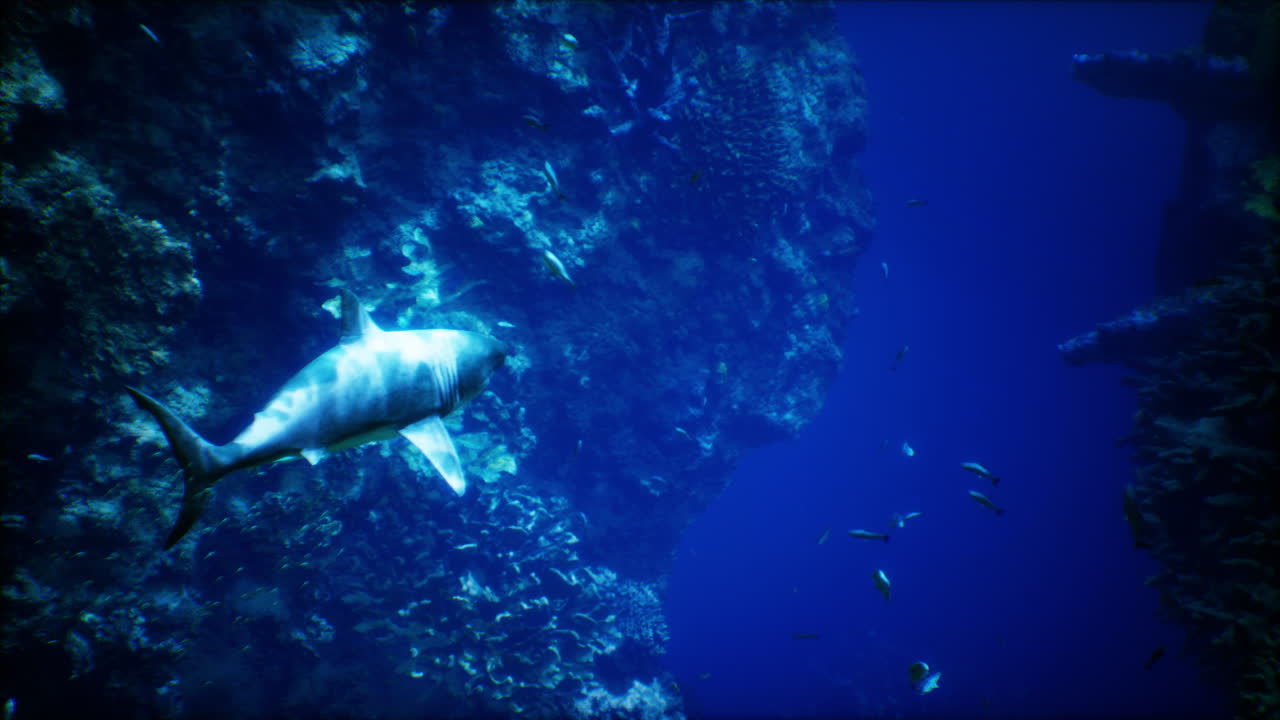 un gran tiburón blanco nada a través de un arrecife de coral