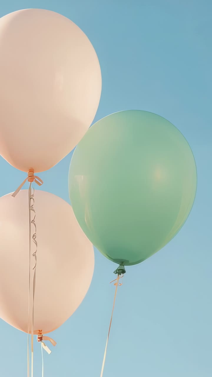 Video verticale: una leggera brezza solleva tre palloncini ad elio color pesca e menta su un cielo blu, con nastri che ondeggiano al vento