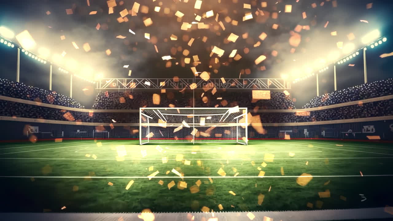 Soccer Stadium Celebration with Golden Confetti and Lights