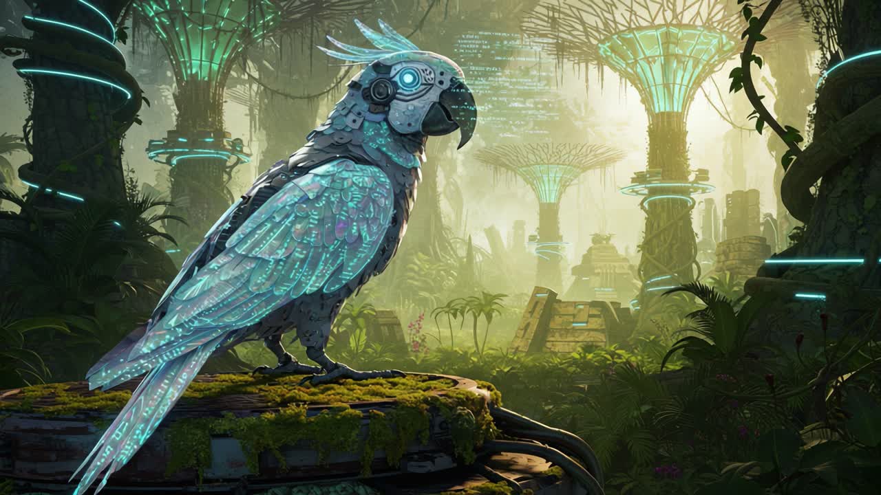 A Futuristic Cybernetic Parrot Perched Amidst Lush Plant Life in a Glowing Neon Jungle, Showcasing a Blend of Nature and Technology in a Vibrant Digital Landscape