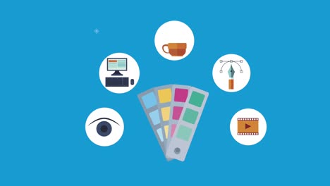 creative process with color palette and set icons