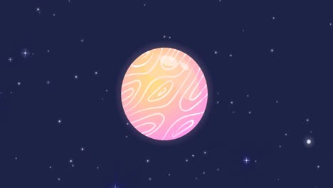 animation of universe with pink and yellow planet with white lines and stars on blue sky