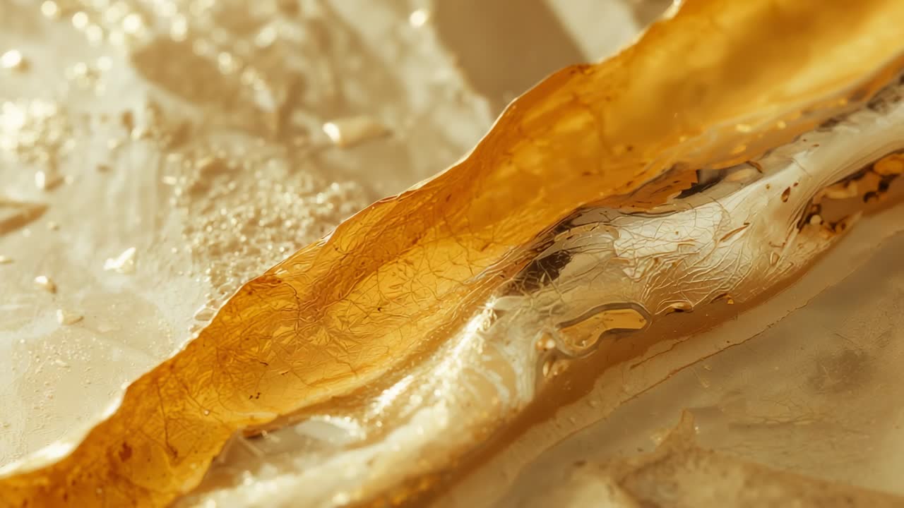 Flowing thick amber liquid ribbon sliding across studio metal table due to gravity, showing bubbles