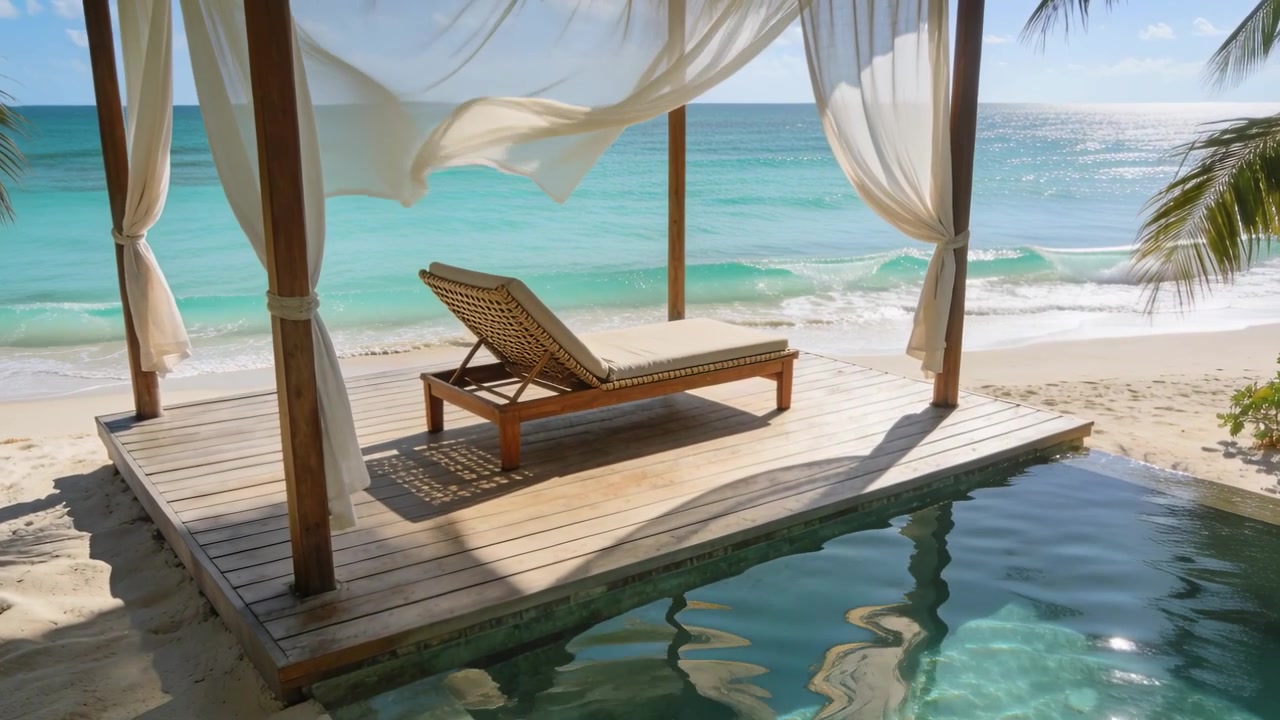 En bris lyfter cabanagardinerna och flyttar en solstol på en sandstrand bredvid en svalkande pool, medan vågor rullar in.