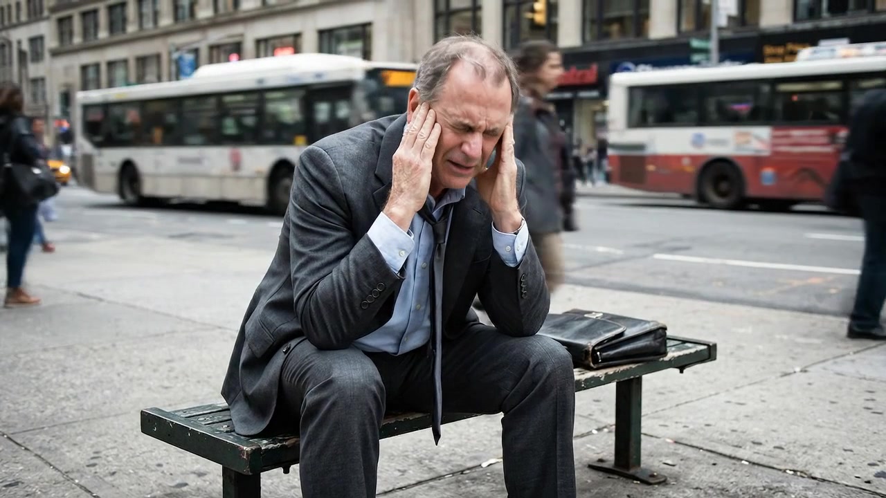 Uomo d'affari stressato seduto su una panchina a New York