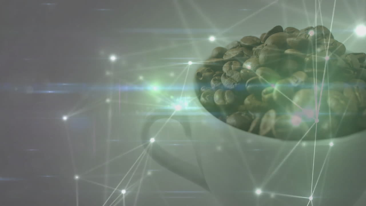 White coffee mug filled with beans being shown in glowing digital network overlay in 3D render